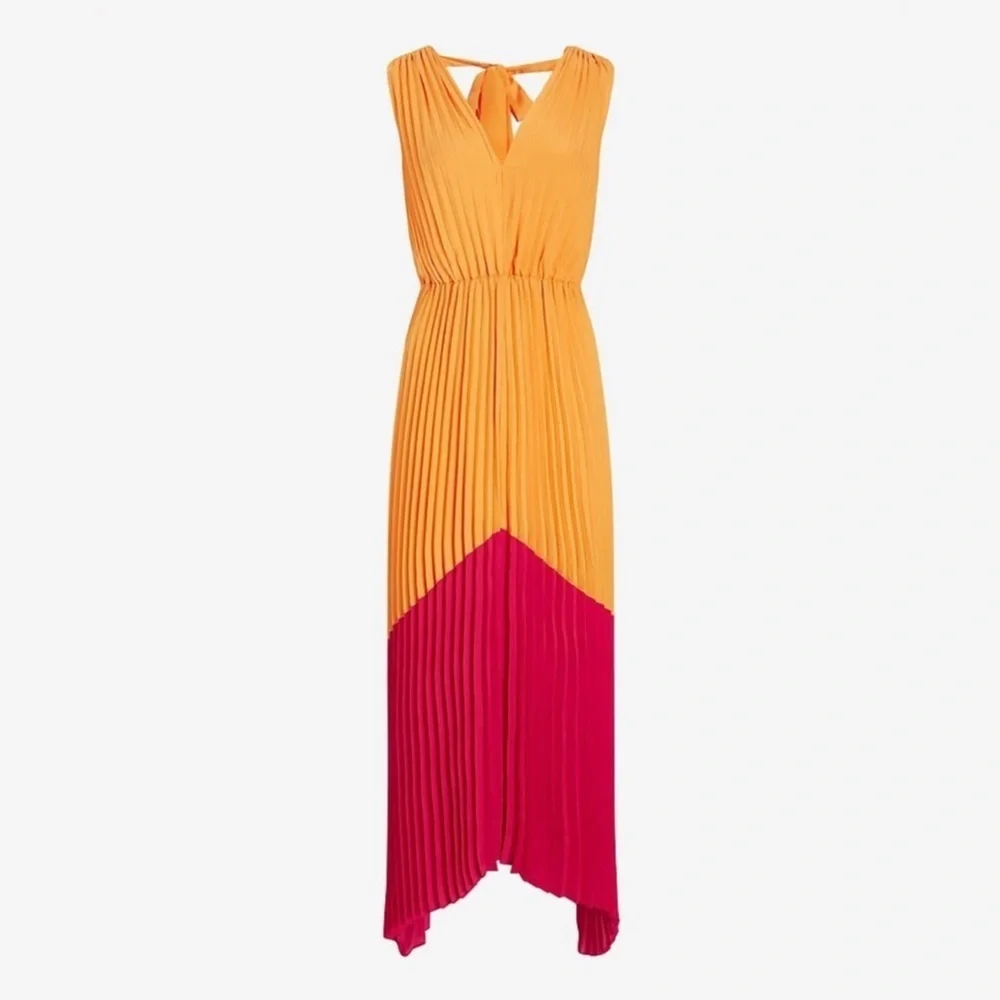 express pink and orange dress Express Color Block Satin Accordion Pleated Maxi Dress